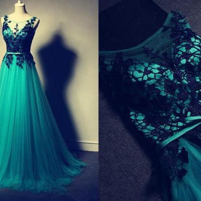 Elegant Long Green Prom Dresses Sexy Sheer Neck Lace Evening Dresses 2016 Real Photo Women Party Dresses Formal Prom Gowns