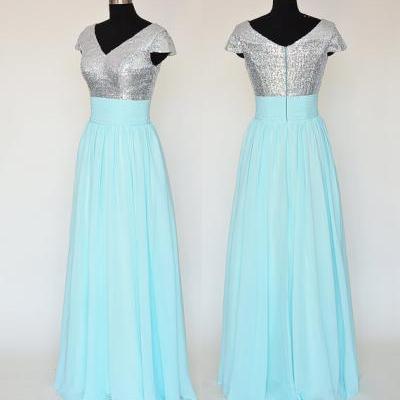 Light Blue V Neck Sequined Prom Dresses , Cap Sleeve Chiffon A Line Evening Gowns - Formal Gowns, Party Dresses