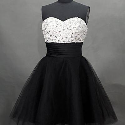 Little Black Dresses, Sweetheart Crystal Black Tulle Homecoming Dresses, Black Short Prom Dresses,Dress For Party