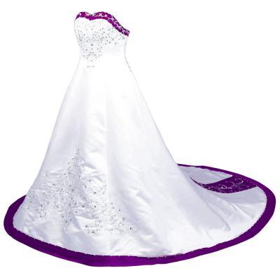 New Arrival White And Purple Sweetheart Strapless Embroidered Wedding Dresses Long Satin Wedding Gowns With Chapel Train And Button