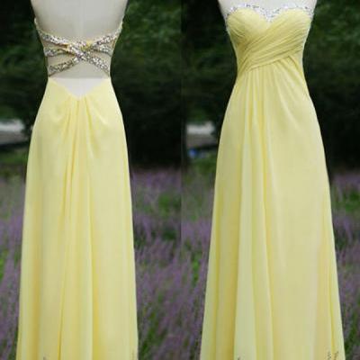 Yellow Sweetheart Neckline Ruched Chiffon Prom Dresses With Sexy Beading Back