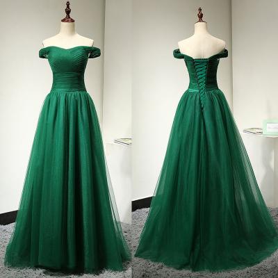 Hunter Green Long Tulle A-Line Evening Dress Featuring Ruched Off the Shoulder Bodice and Lace-Up Back 