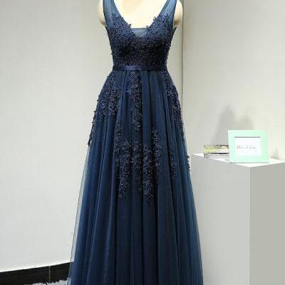 Sexy Backless Dark Navy Evening Dresses V Neck Lace Appliques Tulle Prom Party Dress Robe De Soiree Formal Gowns