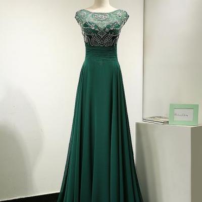 Sexy Backless Hunter Green Evening Dresses Sheer Neck Crystal Beaded Prom Party Dress Robe De Soiree Formal Gowns