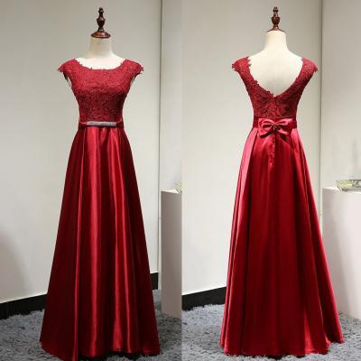 Burgundy Long Satin A-Line Formal Dress Featuring Lace Scoop Neck Cap Sleeve Bodice