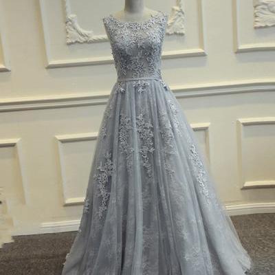 Charming Gray Lace Appliques Tulle Formal Dress Featuring Sheer Bateau Neckline And Open Back