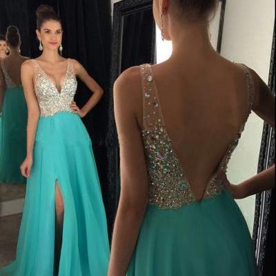 Turquoise Long Chiffon A-Line Formal Dress Featuring Beaded Bodice And Open Back,Long Elegant Prom Dresses