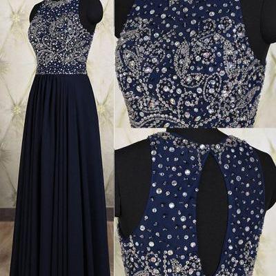 Long Navy Blue Chiffon Formal Dresses Featuring Beaded Bodice With Sheer Bateau Neckline -- Long Elegant Prom Dress, Sexy Beaded Evening Gown