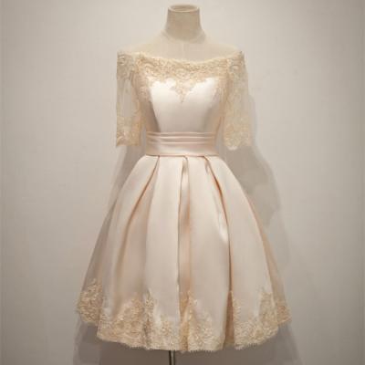 Charming Short Champagne Satin Dress Featuring Half Sleeve And Ruched Skirt 