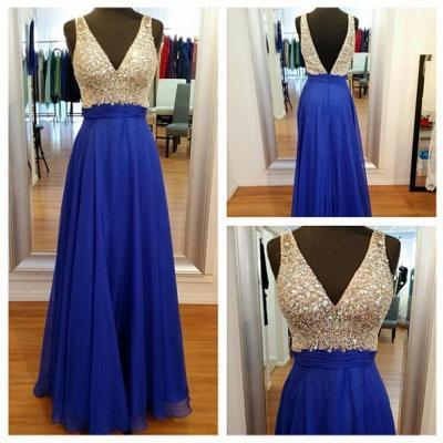 New Long Royal Blue Chiffon Formal Dresses Featuring Plunge V Neck - Long Elegant Prom Dress, Sexy Backless Evening Gowns,
