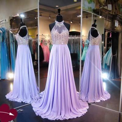 Sparkly Lavender Floor Length Chiffon Formal Dresses Featuring Rhinestone Beaded Bodice With Halter Neckline -- Long Elegant Prom Dresses,Sexy Evening Gowns