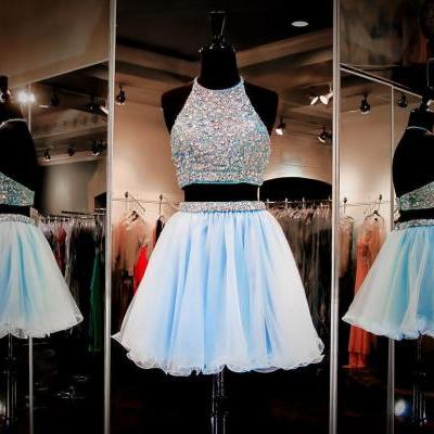 Short Prom Dress, Short Prom Gowns, 2 Piece Short Prom Dress, Blue Homecoming Dresses,Halter Formal Gowns