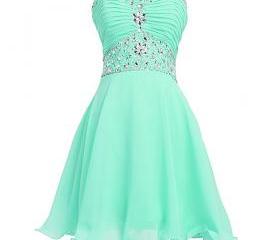 Mint Green Chiffon Sweetheart Halter A-line Beaded Formal Dress, Mint Party Dresses, Prom Dress