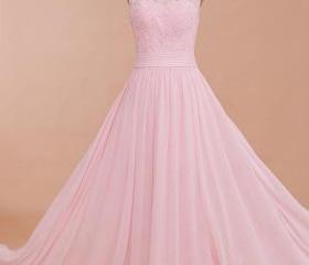 Illusion Neckline Chiffon Dress With Lace Candy Pink Plus Size