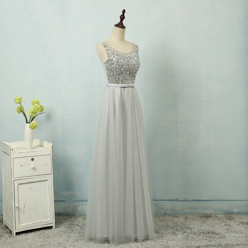 Sexy Gray Evening Dresses With Scoop Neck Long Elegant Tulle Beaded ...