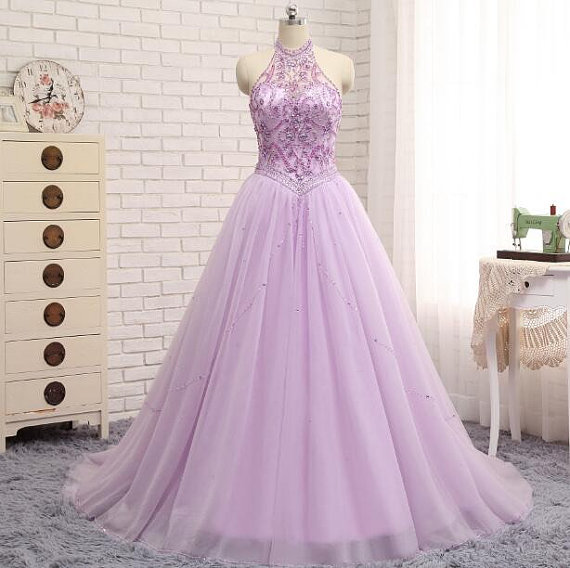 Charming Lilac A Line Prom Dresses Tulle Beaded Evening Gowns With Chapel Train