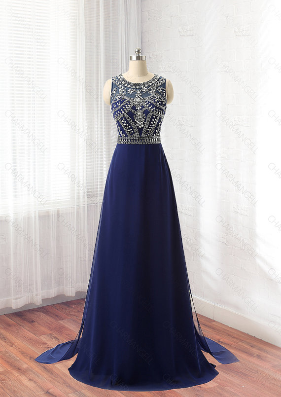 Royal Blue A Line Prom Dresses Rhinestone Chiffon Evening Gowns With Beaded Bodice