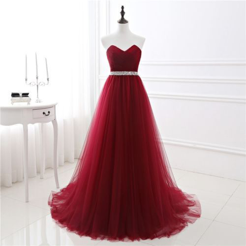 Burgundy Tulle Sweetheart Floor Length Tulle Prom Gown Featuring Beaded Embellished Belt, Lace-up Back And Sweep Train