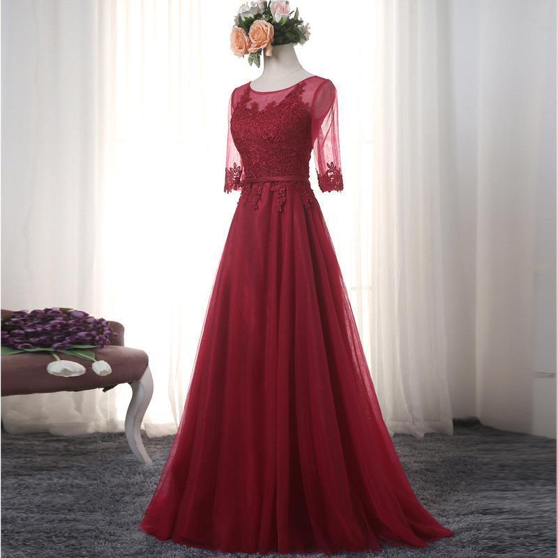 Long Elegant Burgundy Prom Dresses With Short Sleeve Floor Length Tulle Lace Applique Evening Gowns