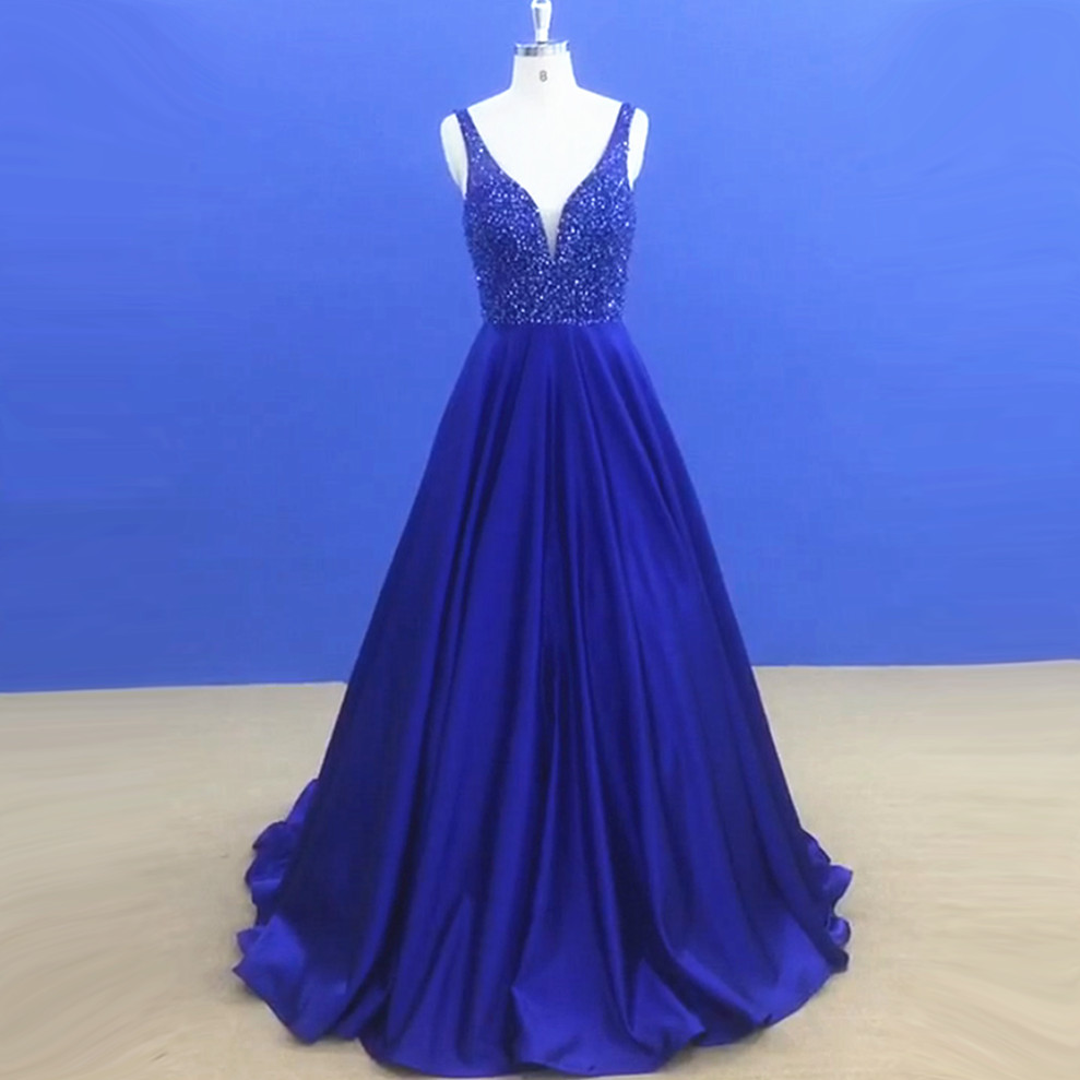 Stunning Royal Blue Formal Dresses Long Satin Beaded Evening Prom Gowns With V Neck
