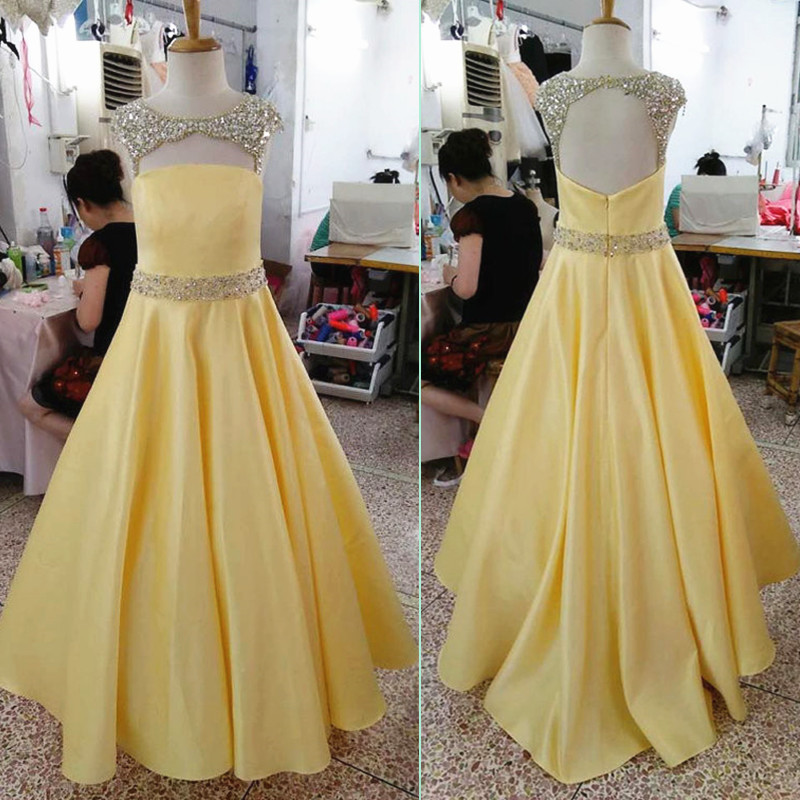 Stunning Formal Dresses Long Yellow Satin Beaded Evening Prom Gowns With Beaded Waistline Belt