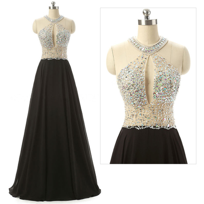 Elegant Halter Black Backless Evening Dresses, A Line Chiffon Prom Gowns - Formal Gowns, Party Dresses