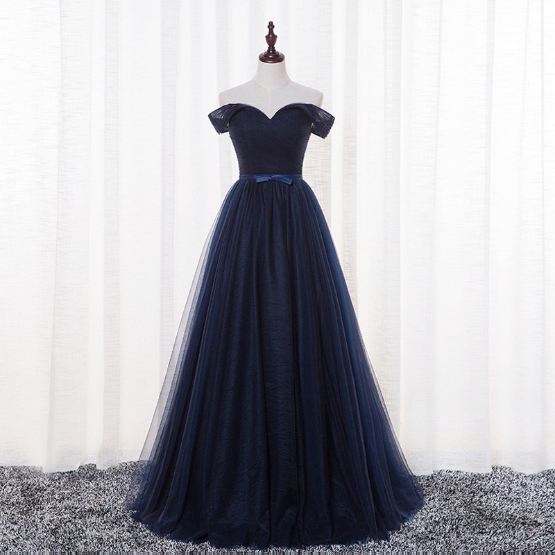 Sexy Navy Blue Tulle Prom Dresses Featuring Off The Shoulder -- Long Elegant Formal Dress, Party Dresses
