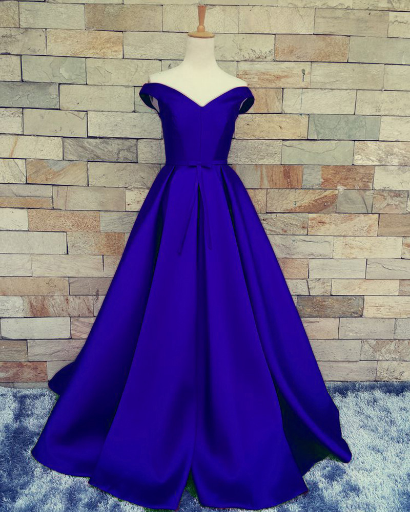 Charming Royal Blue A Line Prom Dresses Satin Off The Shoulder Evening Gowns With Belt And Pleat