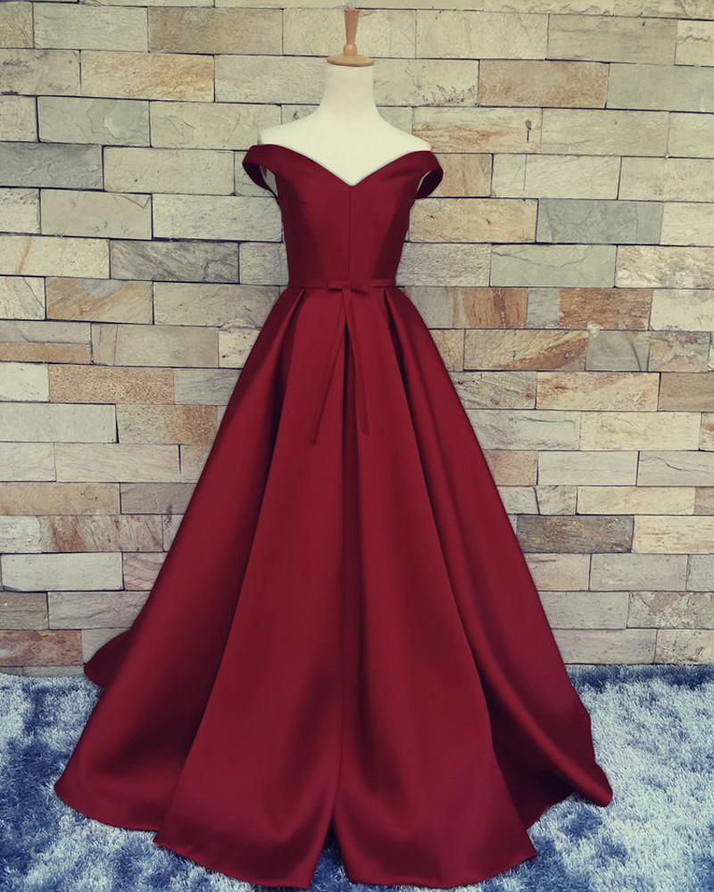 Burgundy A Line Prom Dresses Satin Off The Shoulder Formal Evening Gowns With Belt And Pleat