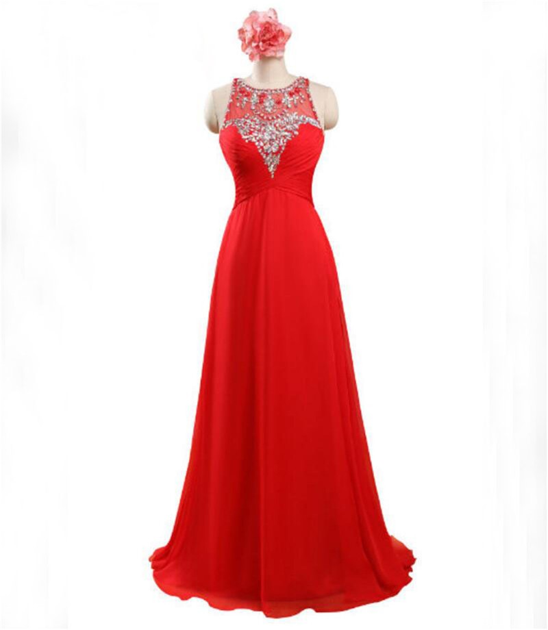 Red Floor Length Chiffon Formal Gown Featuring Sleeveless Plunge Sheer Bateau Neckline With Beaded Embellishment, Lace-up Back