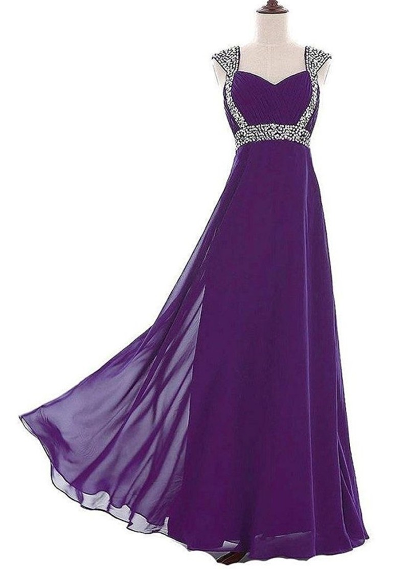 Purple Floor Length Chiffon Formal Gown Featuring Cap Sleeve Wiith Beaded Embellishment, Lace-up Back