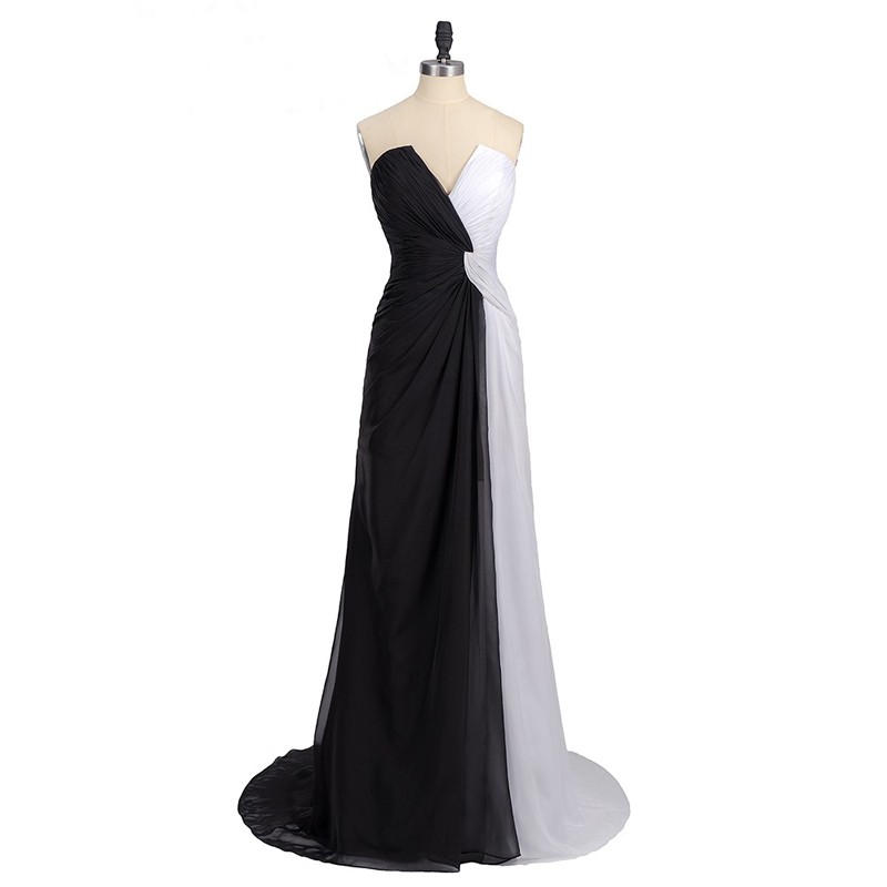 Black And White Long Chiffon Formal Gown Featuring V Neck With Pleats, Zipper Back