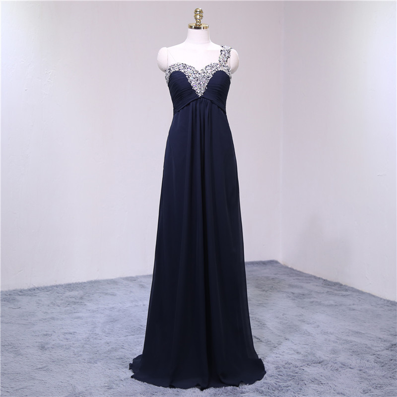 Navy Blue One Shoulder Long Prom Dress With Beaded One Shoulder And Open Back