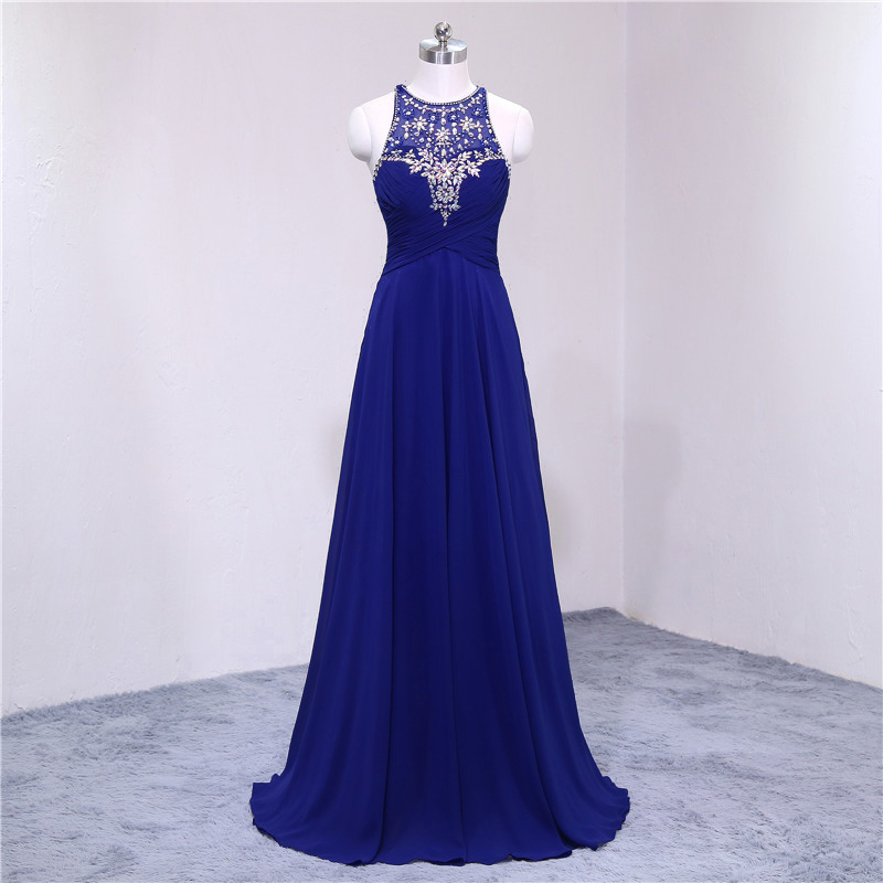 Royal Blue Beaded Embellished Halter Neck Floor Length Chiffon A-line Formal Dress, Prom Dress