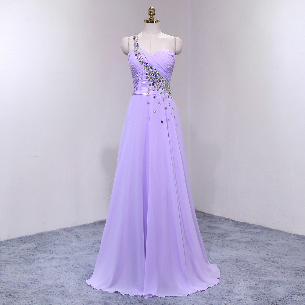 Charming Lavender Long Chiffon Formal Gown Featuring One Shoulder With Beaded Embellishment, Zipper Back