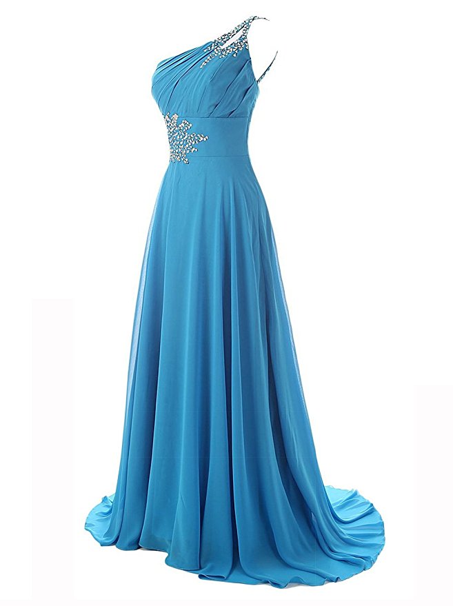 2017 Chiffon Sky Blue Evening Dresses One Shoulder Prom Party Dress Robe De Soiree Formal Gowns