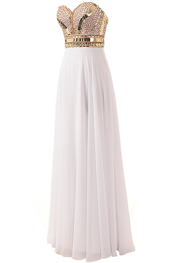 Strapless Sweetheart Metallic Beaded A-line White Floor-length Evening Dress, Prom Dress