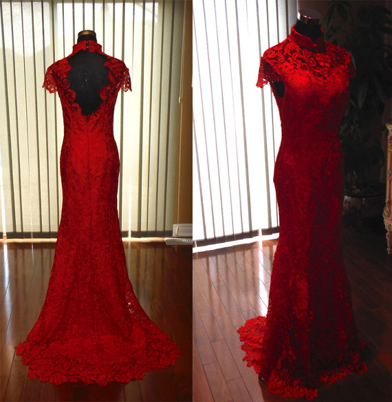 Red Wedding Dress, Sexy Cap Sleeve Backless Mermaid Formal Dress,red Lace Cheongsam, Red Lace Wedding Cheongsam, Red Cheongsam