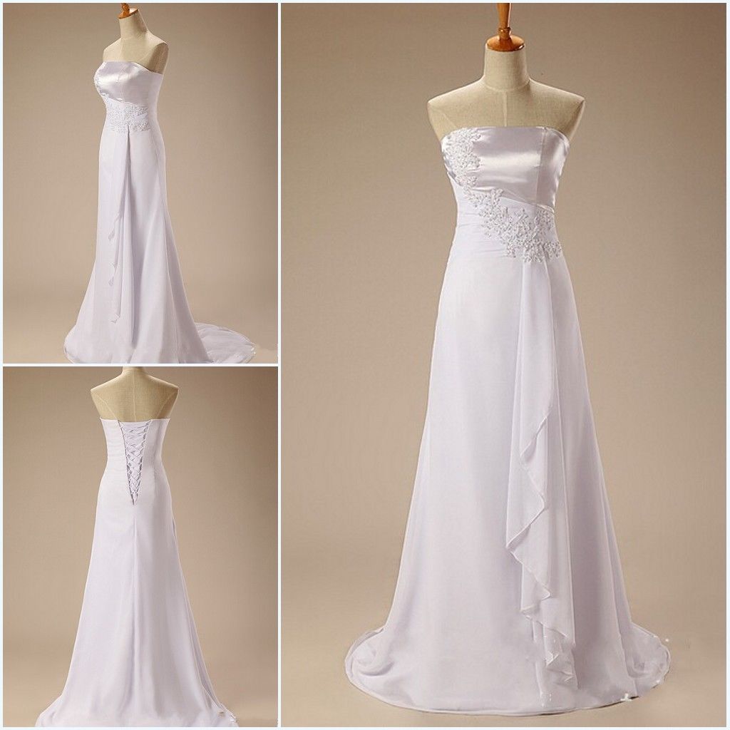 Charming White Ivory Strapless Chiffon Wedding Dresses Beaded Applique Court Train Beach Dress Bridal Gown