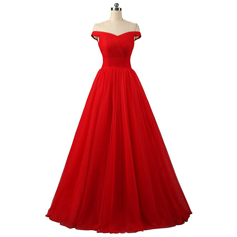 Long Red Tulle Formal Dresses Featuring V Neck - Long Elegant Prom Dress, Off The Shoulder Evening Gowns