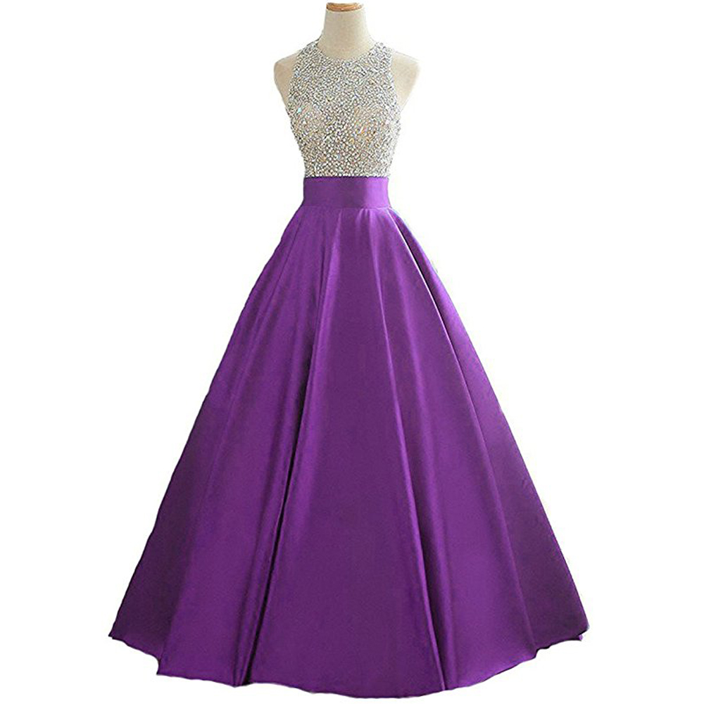 Charming Purple A Line Prom Dresses Satin Beading Backless Evening Gowns With Halter Neckline