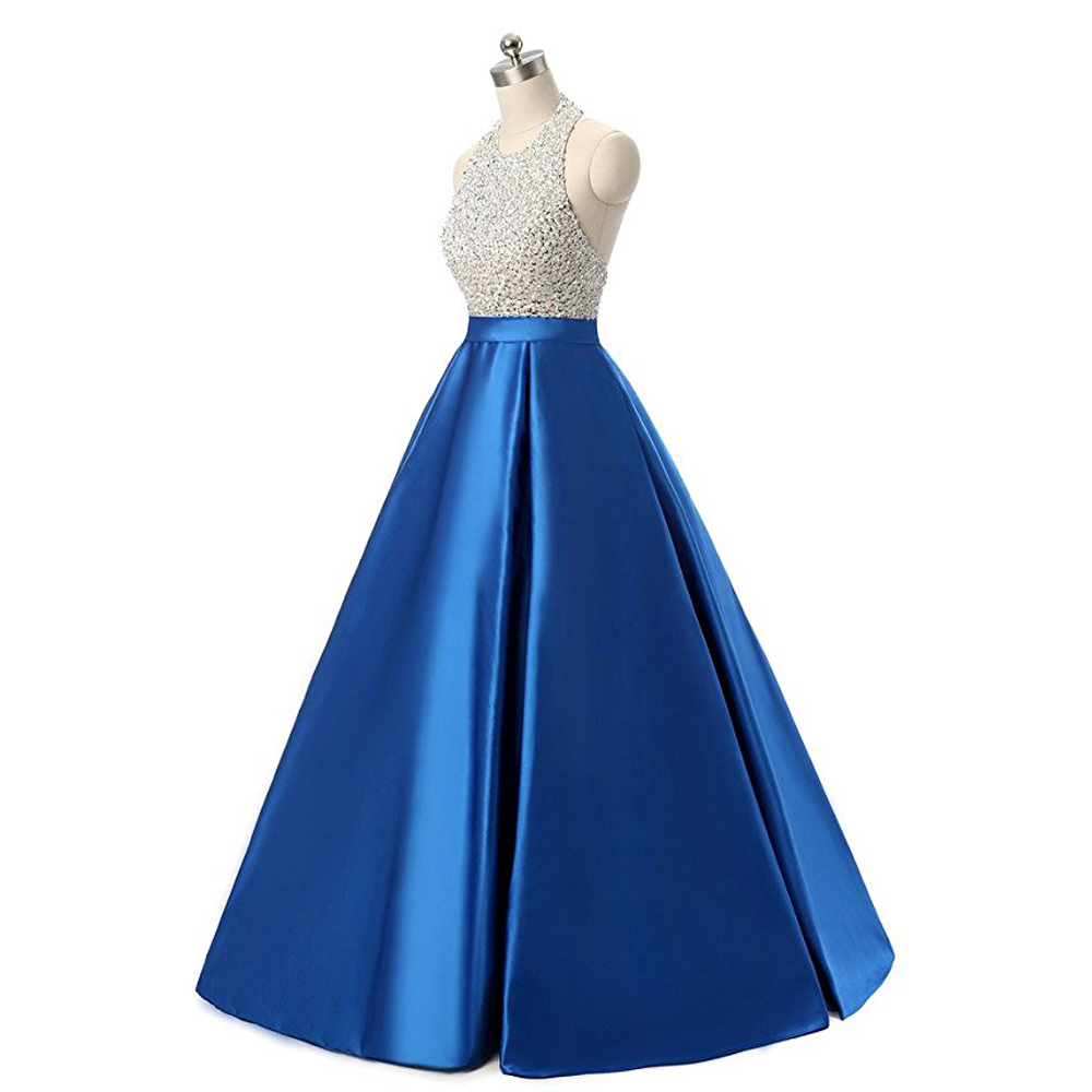 Sexy Royal Blue Ball Gown Prom Dresses Satin Beading Backless Evening Gowns With Halter Neckline