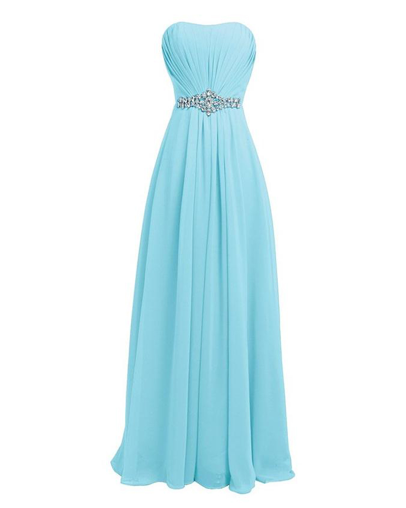 Light Blue Rhinestone Bridesmaid Dress,floor Length Chiffon Strapless Bridesmaid Dresses,elegant Long Beaded Prom Dresses Party Evening Gown