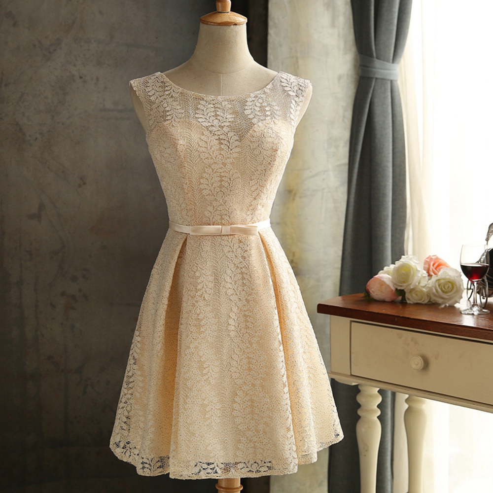 Charming Champagne Lace Short Bridesmaid Dress Featuring Sheer