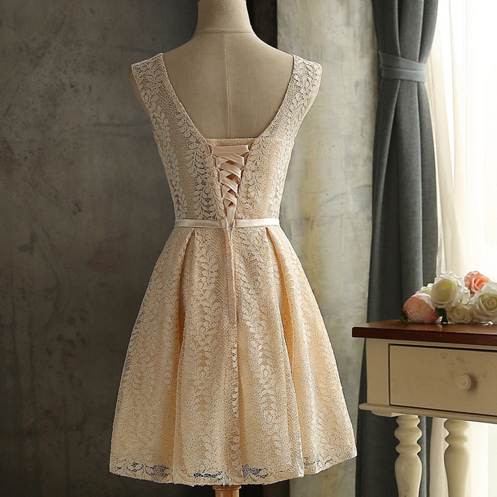 Charming Champagne Lace Short Bridesmaid Dress Featuring Sheer Bateau Neckline ,short A Line Champagne Bridesmaid Dresses,elegant Short Prom