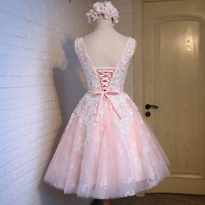 Pink Lace Short Prom Dresses Evening Dresses With Lace Appliques A Line Tulle Evening Wear
