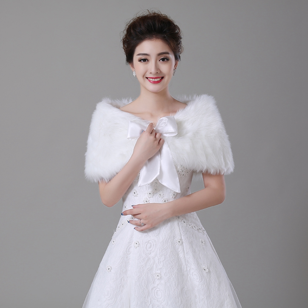 Luxury White Faux Fur Cape for Women Warm Bridal Wraps With Bowknot Bridal Bolero 