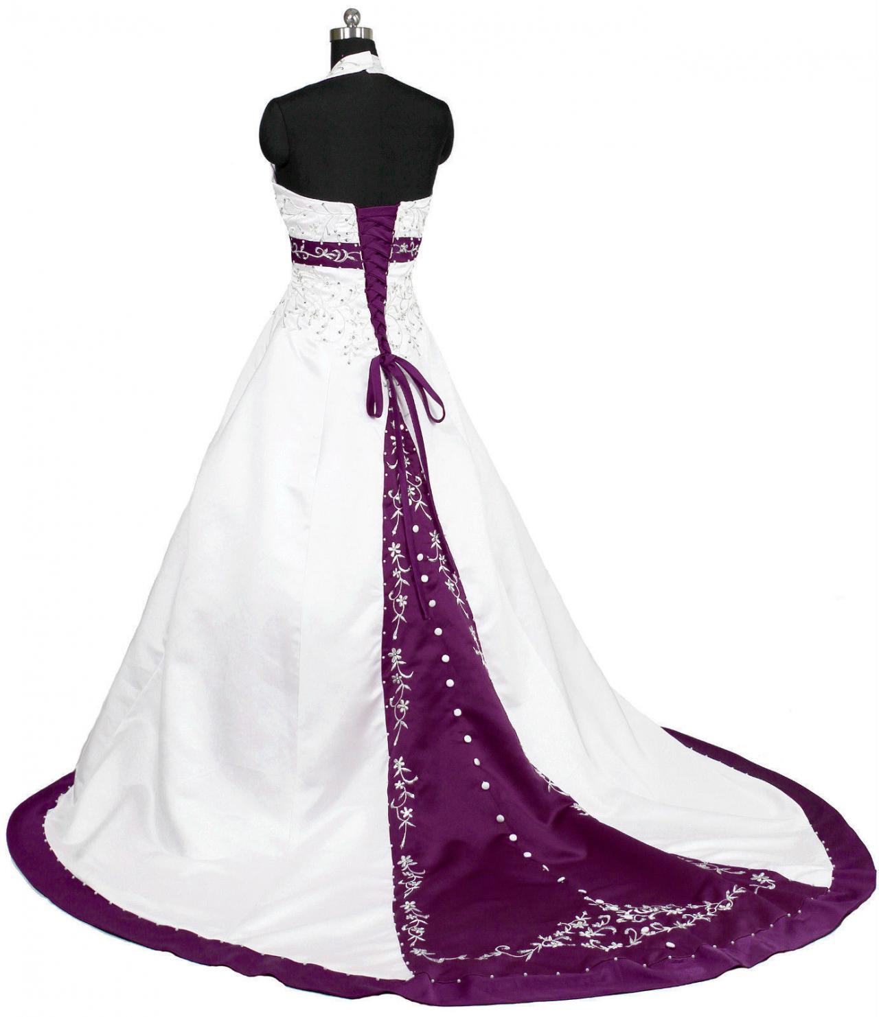 2017 Halter Embroidered Purple Wedding Dresses Long Satin Beading ...