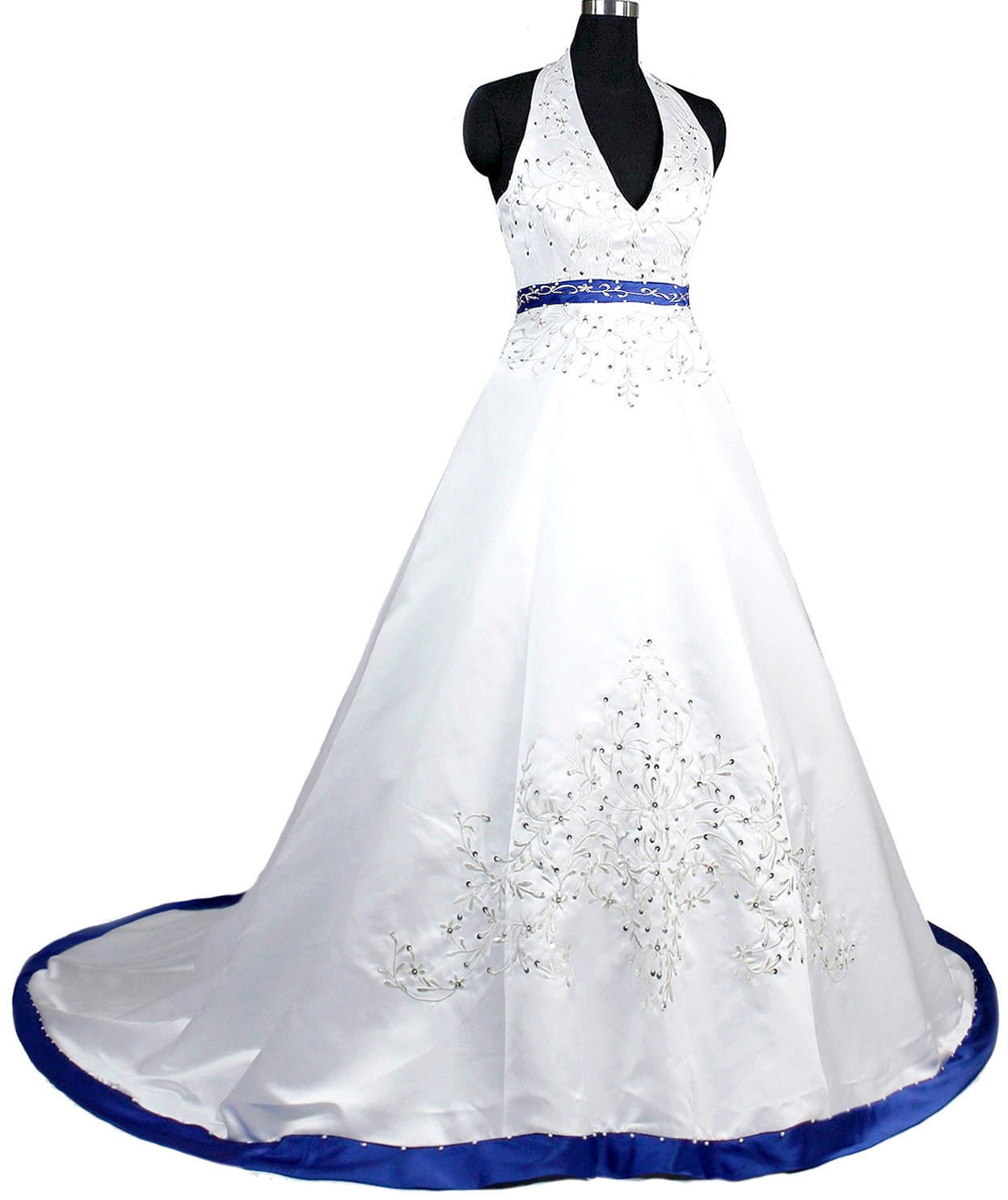 Royal Blue Wedding Dresses Long Satin Halter Beaded Sequined Chapel Train Wedding Bridal Gowns