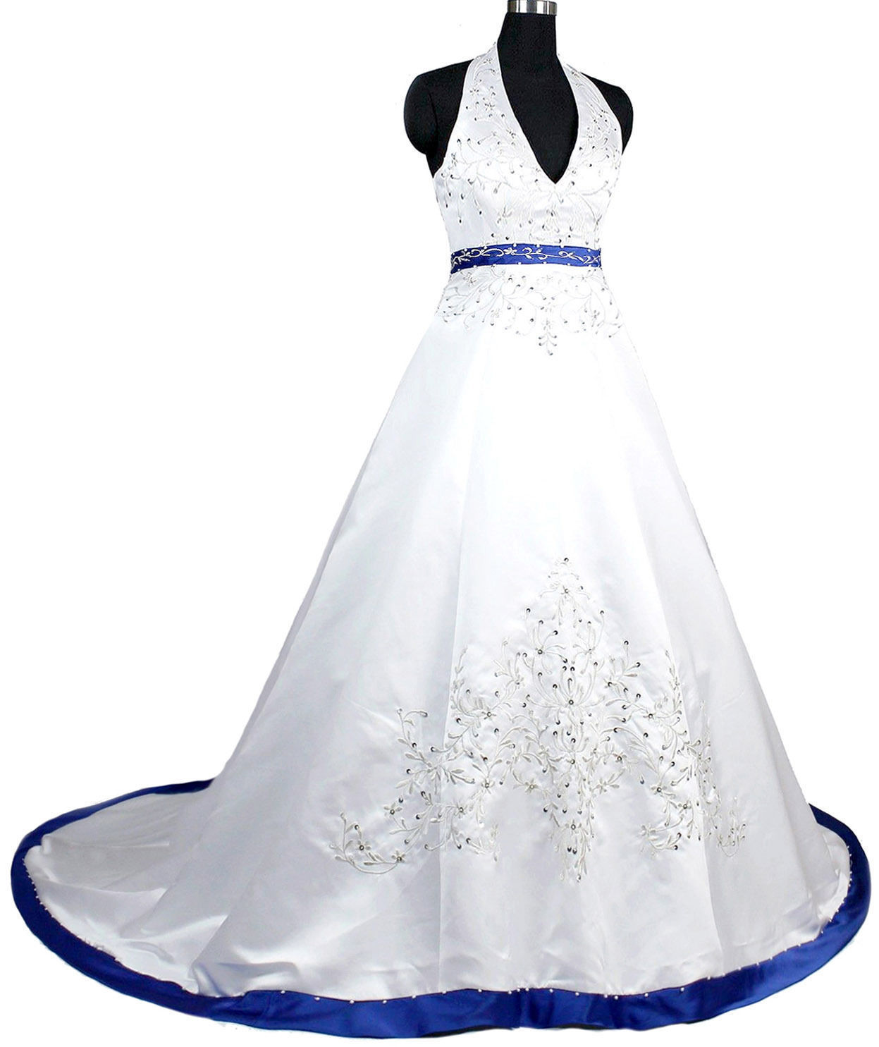 Royal Blue Wedding Dresses Long Satin Halter Beaded Sequined Chapel ...